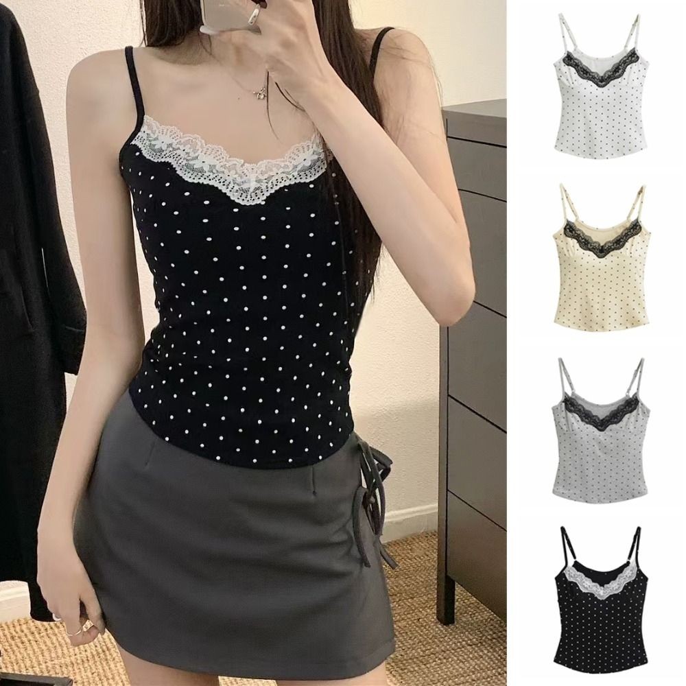 สลิงเสื้อกั๊กสไตล์ Y2K ลายจุด.Bluevelvet ดีไซน์.slimcrop top พร้อมแผ่นรอง bust มีระบายบน-tank top ราคา ถูกที่สุด ดีลบีเคเค แกลเลอรีภาพที่ 5