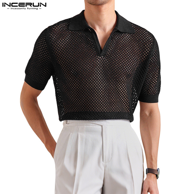 INCERUN เสื้อยืดตาข่ายแบบโปร่ง สไตล์โปโลสำหรับผู้ชาย