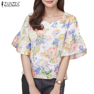 ซานเซีย เสื้อลายครึ่งแขนสำหรับผู้หญิง สไตล์เกาหลี มีการตกแต่…