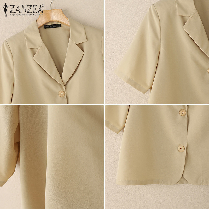 ZANZEA เสื้อเบลาส์แขนสั้น สไตล์เกาหลี แบบปกยืนสำหรับผู้หญิง เปิดด้านหน้า - รูปที่ 6
