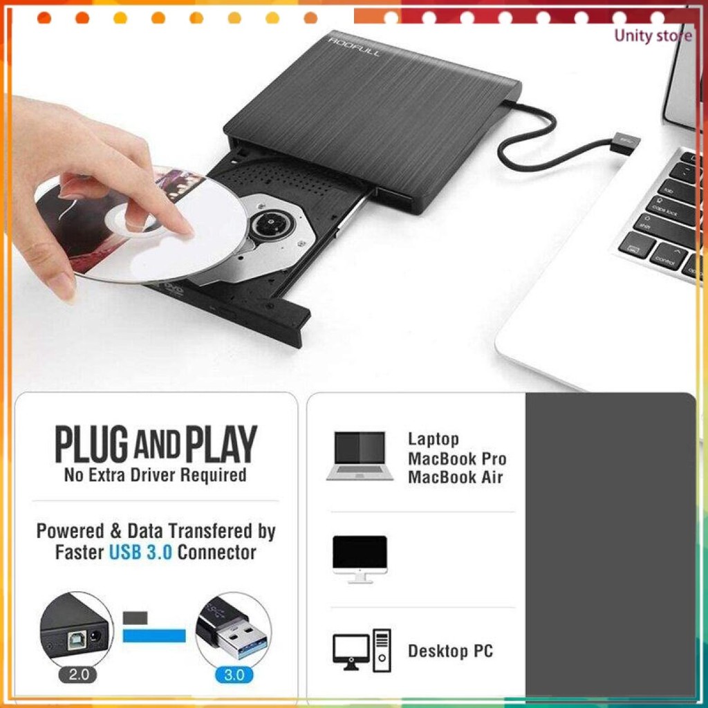 Unity store   ไดรฟ์ดีวีดี DVD-ROM แบบพกพา Portable External DVD-ROM ไดรฟ์ภายนอก DVD-ROM แบบพกพา น้ำห
