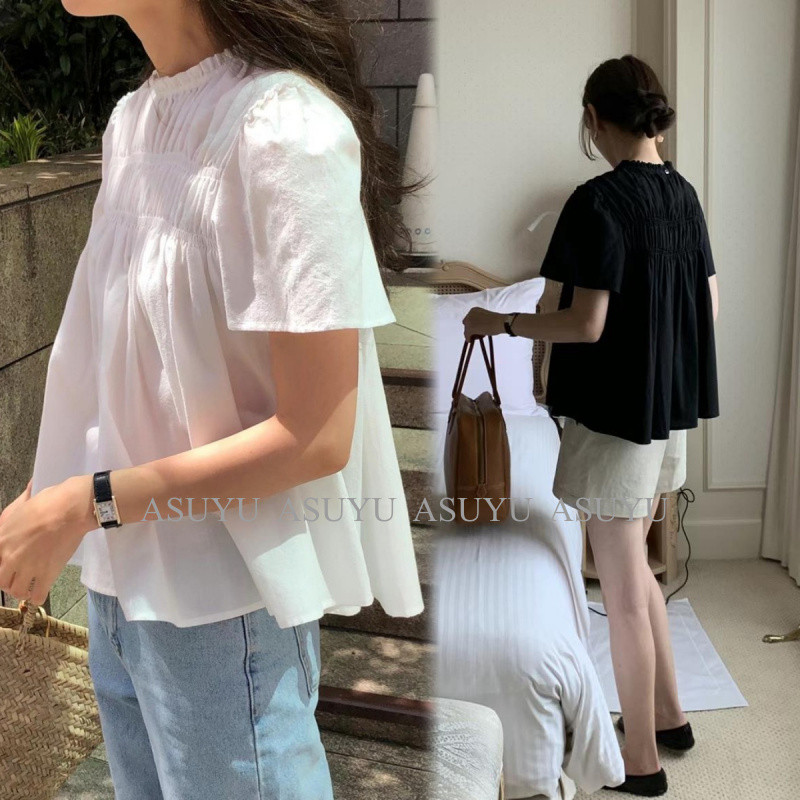 AS SUYU เสื้อเบลาส์ทรงหลวมคอตั้งระบาย, เสื้อคอกลมแขนสั้นลายตุ๊กตา