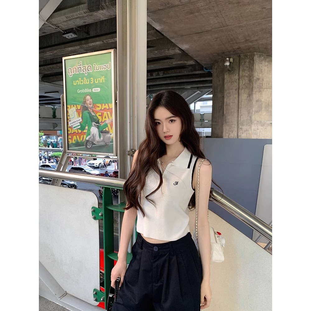 GAKKI เสื้อครอปคอโปโลแขนกุดผู้หญิง เสื้อกล้ามไหมพรมผู้หญิง เสื้อถักบางสไตล์ลำลอง ฟรีไซส์ รุ่น 3269#