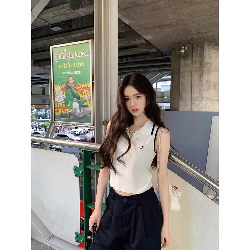 GAKKI เสื้อครอปคอโปโลแขนกุดผู้หญิง เสื้อกล้ามไหมพรมผู้หญิง เสื้อถักบางสไตล์ลำลอง ฟรีไซส์ รุ่น 3269#