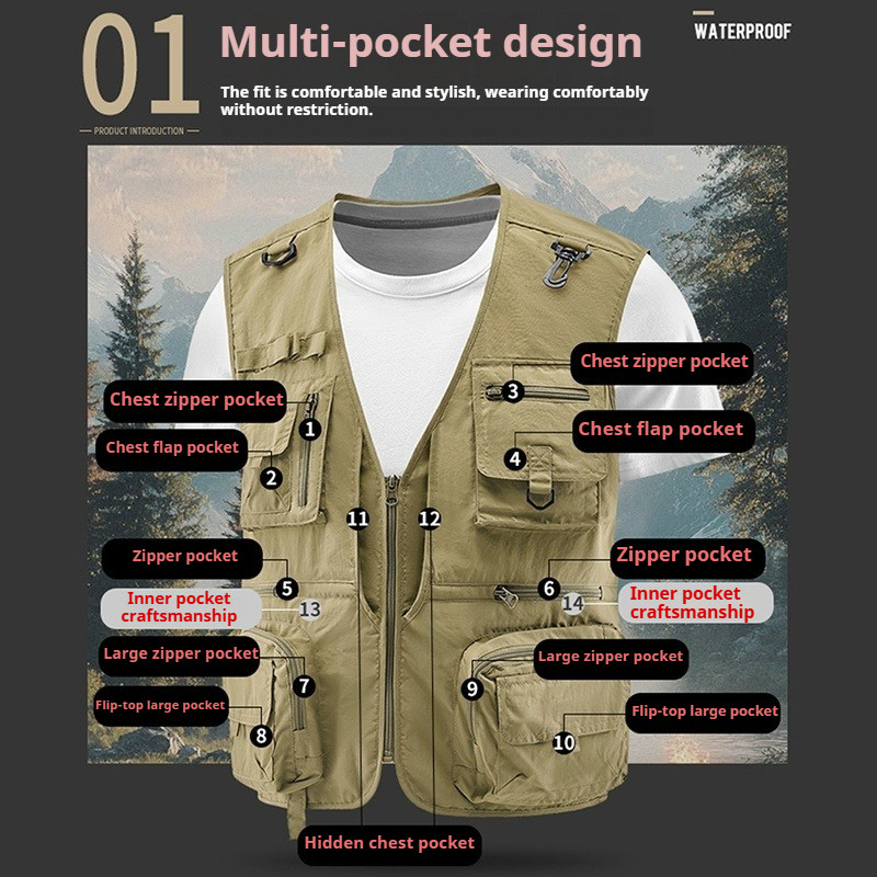 เสื้อกั๊กตกปลาสำหรับผู้ชาย - เสื้อแจ็คเก็ตแขนกุดมีหลากหลายกระเป๋า เหมาะสำหรับเดินป่า ตั้งแคมป์ และการถ่ายภาพ - รูปที่ 2