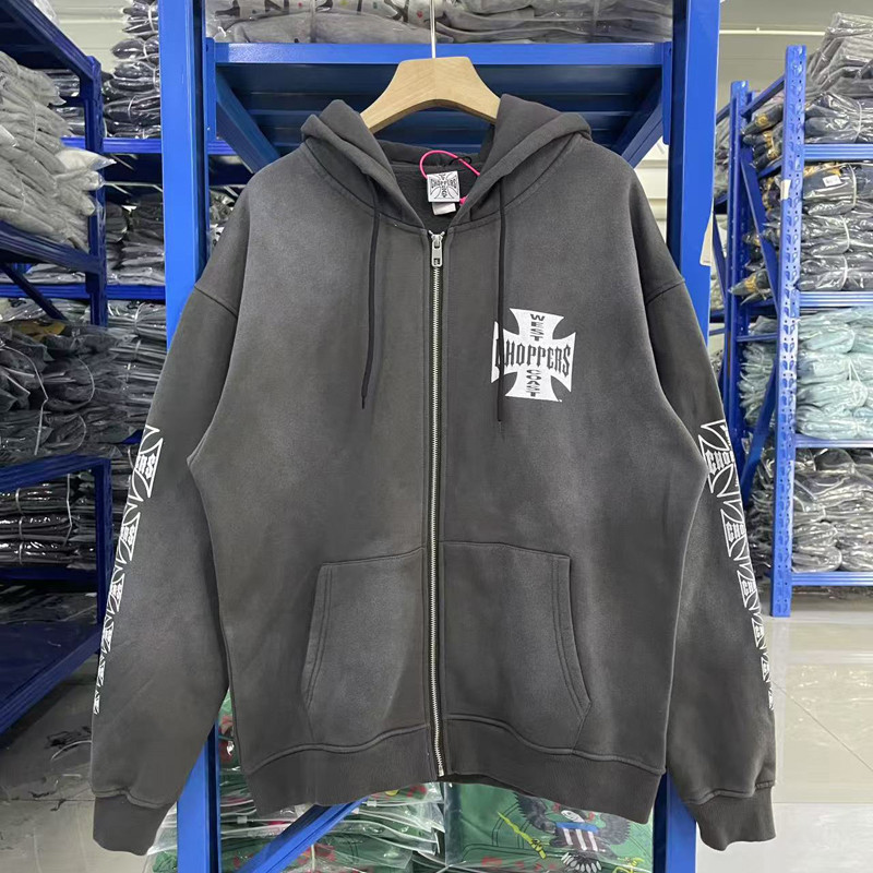 สีดํา West Coast Choppers Zipper Hoodie ผู้ชายผู้หญิง Cross พิมพ์เสื้อ High Street ล้าง Vintage หลวม Pullovers ฤดูหนาว