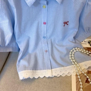 Dahong W635 เสื้อเชิ้ตแขนสั้นผู้หญิงน่ารักๆ oversize ปักโบว์แดง ผ้าคัตตอน เสื้อผ้าแฟชั่นสไตล์เกาหลี