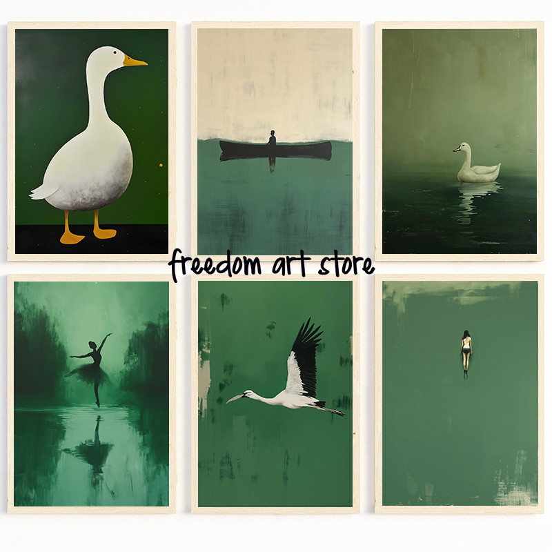 Minimalist Cano Goose Flying Stork Wildlife สัตว์ศิลปะโปสเตอร์ผ้าใบภาพวาดพิมพ์ภาพสําหรับห้องนั่งเล่น