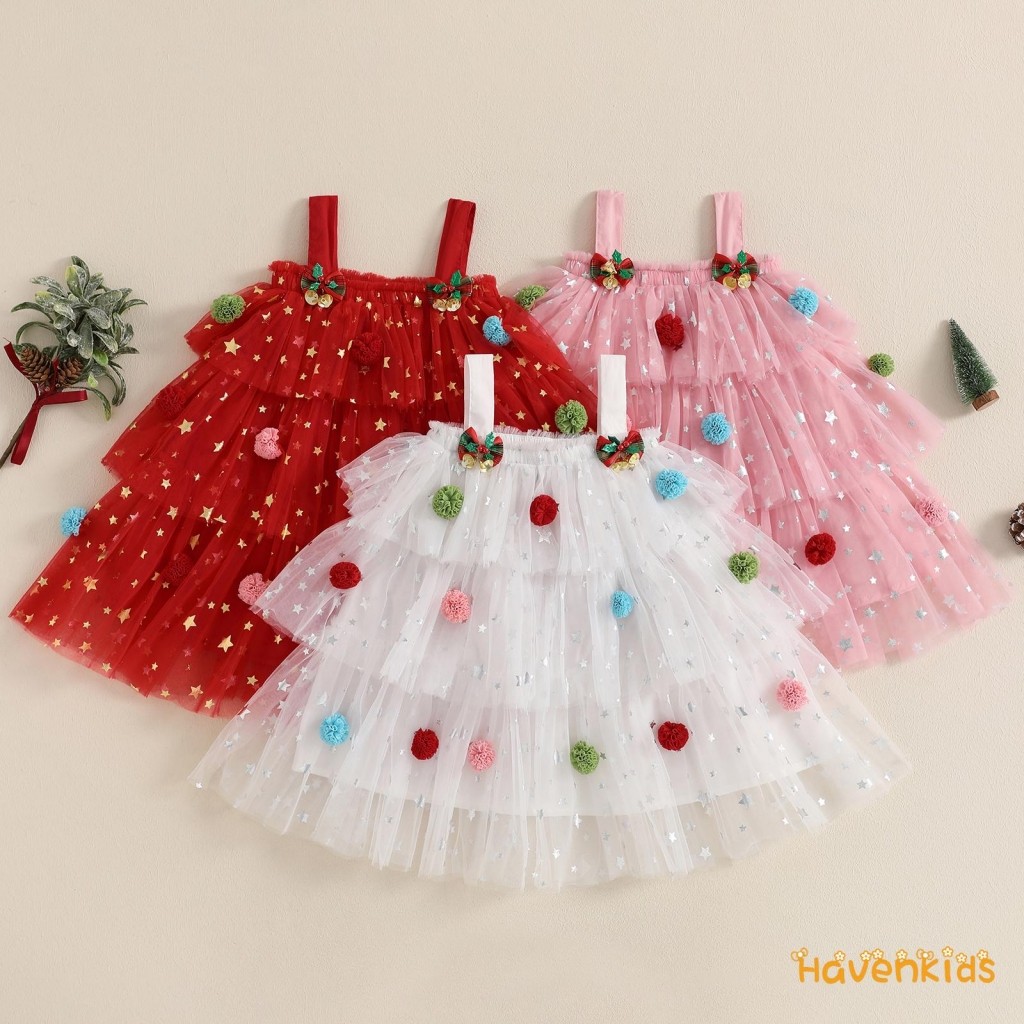ชุดเดรสคริสต์มาสลายดาวคอเหลี่ยม กระโปรง Layered Tulle พร้อมพวงบอลนุ่มๆ สำหรับเด็ก 1-9 ปี