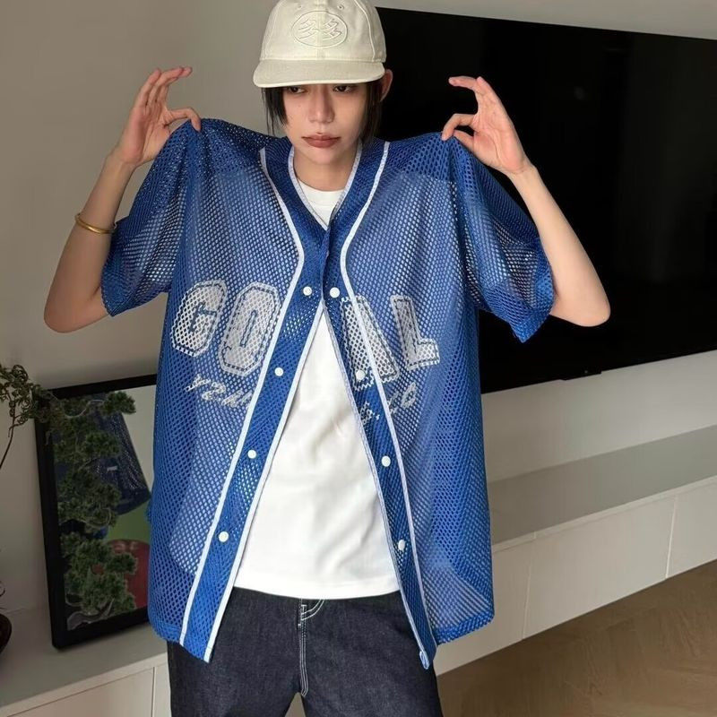 เสื้อเบสบอลย้อนยุคสำหรับผู้ชาย แขนสั้น ทรงหลวม สไตล์ลำลอง