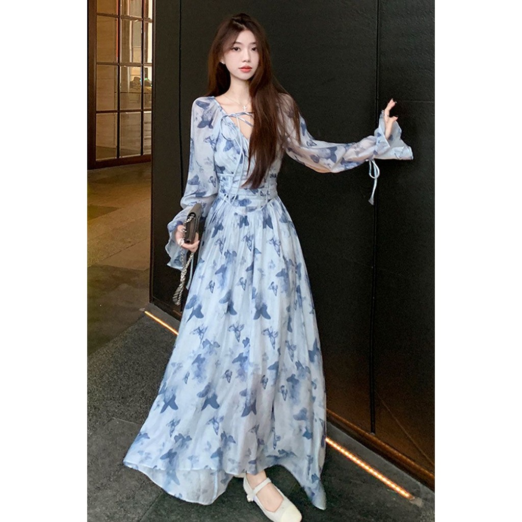 ขนาดใหญ่ Tea Breakภาษาฝรั่งเศสคําสีฟ้าดอกไม้ v คอผู้หญิงฤดูใบไม้ร่วงสไตล์ใหม่ไขมัน mm แคบเอว Slimmer