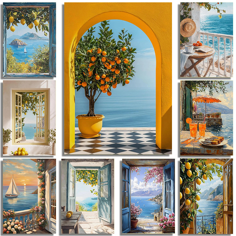 Fresh Italian Ocean Landscape Art โปสเตอร์ผ้าใบภาพวาด Coastal Villa โรงแรมโฮมสเตย์ Wall Decor