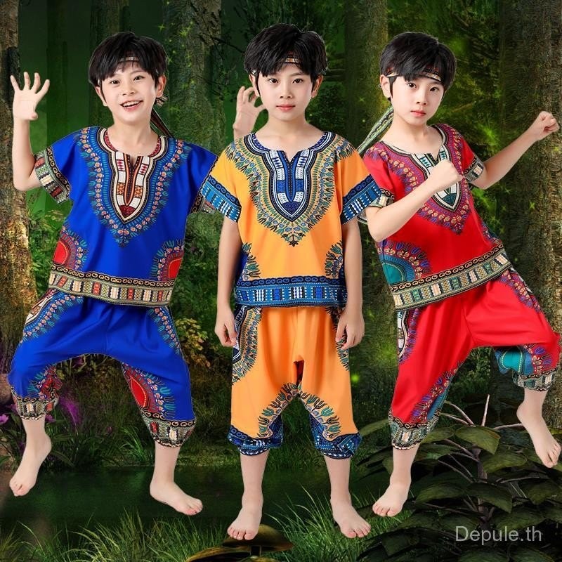 ชุดเครื่องแต่งกายการแสดงกลองแอฟริกัน และชุดเต้นรำอินเดียนสำหรับเด็กชายและเด็กหญิง