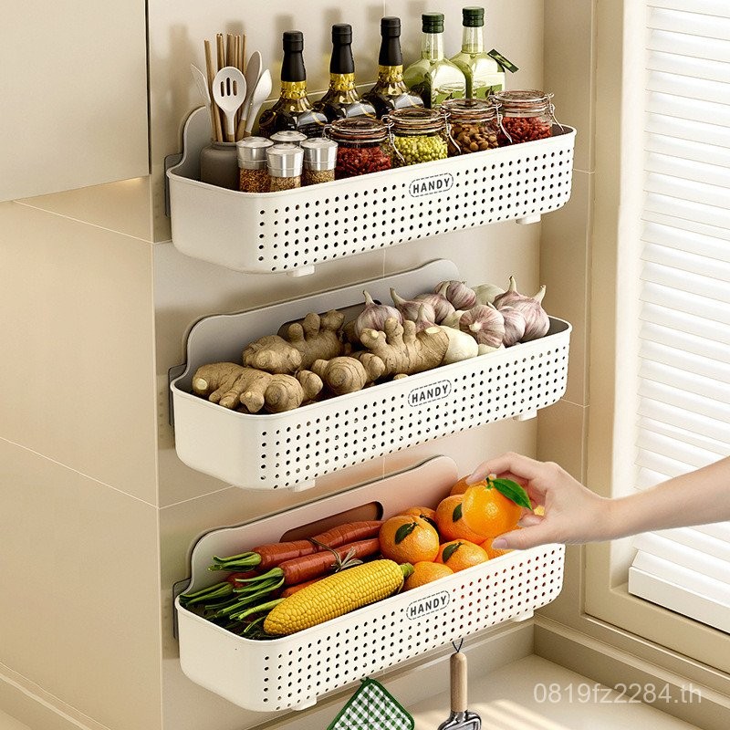 ขิงตะกร้าเก็บผนังครัวเรือนกระเทียมเจาะฟรีหัวหอมขิงกระเทียมชั้นวางติดผนังตะกร้าผักกล่องเก็บห้องครัว 0