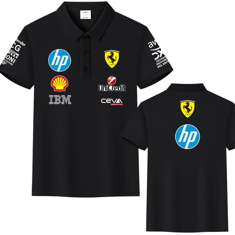 คลังสินค้าพร้อม F1 Ferrari Fleet Uniform Zhou Guanyu พัดลมติดรถยนต์สไตล์เดียวกัน 2025 Racing ผ้าไหมน้ําแข็งผ้าฝ้ายเสื้อโปโลเสื้อยืดแขนสั้น