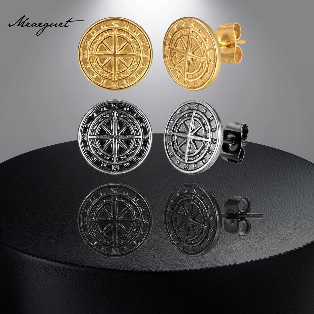 Meaeguet Viking Rune Punk ต่างหูสําหรับผู้ชาย,Compass Black Gold รอบต่างหูสตั๊ดสแตนเลส Hypoallergenic