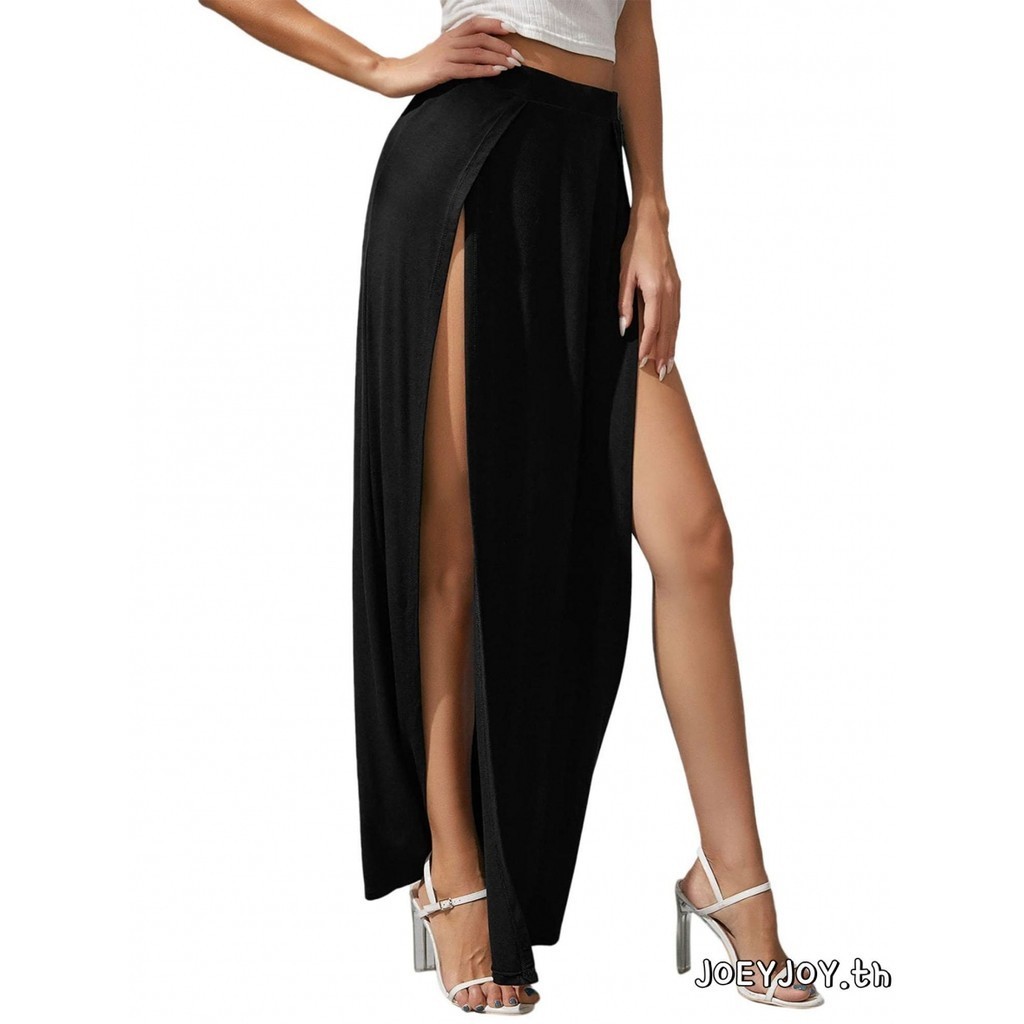 Joeyjoy-กระโปรงผู้หญิงเอวยางยืดด้านข้างสูงแยกหลวมพอดีดูดซับเหงื่อกระโปรงยาว