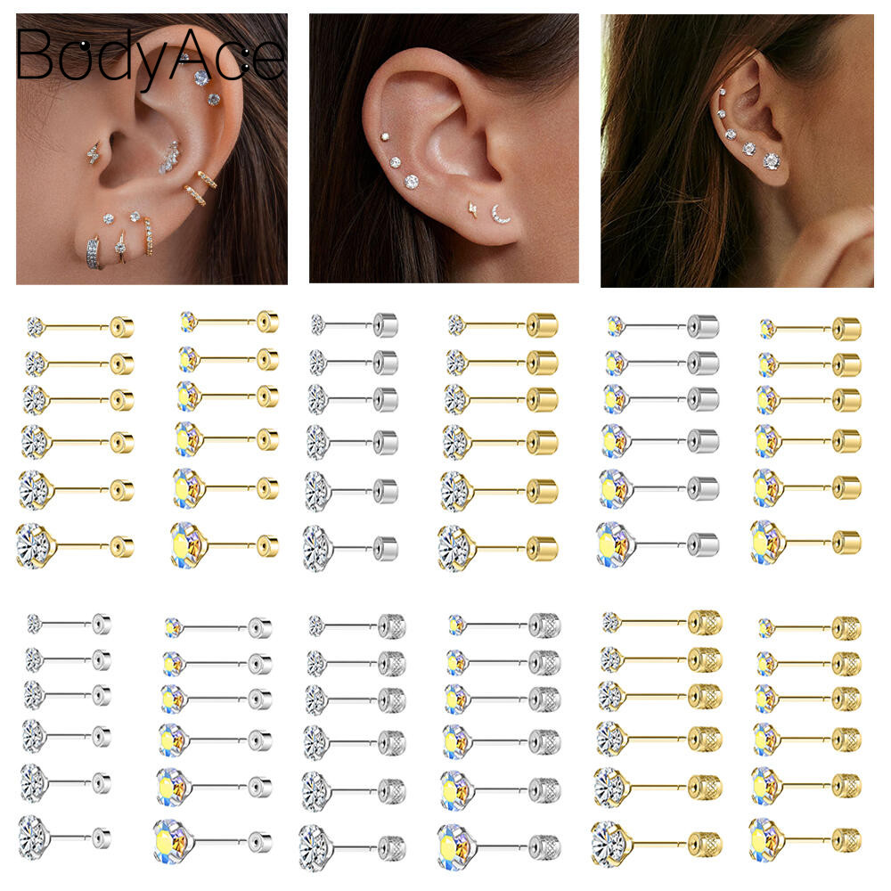 Bodyace 1 Pc 20G Ear Stud ต่างหูสแตนเลสสีทองต่างหูเงินเจาะ Multicolor คริสตัล Helix Stud ต่างหู