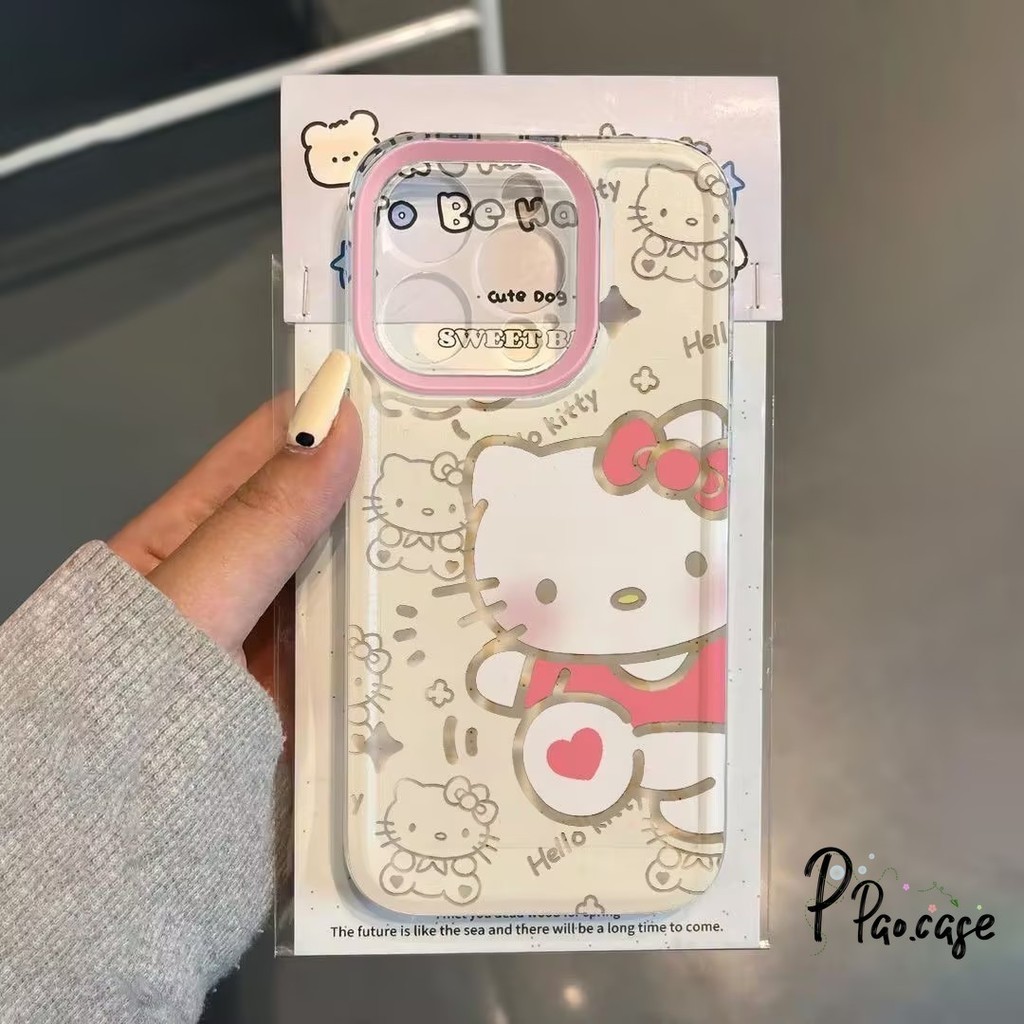 เคสยกขา Hellokitty สีเหลืองน่ารักใช้ได้กับ IPhone XS Max XR 11 7Plus 13 14 15 Pro Max 15 Plus X 14 7 8 ปกอ่อน