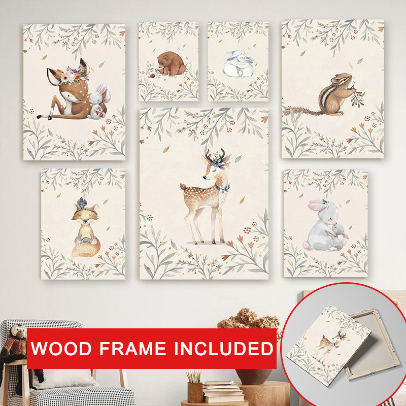 (พร้อมกรอบ) Nursery เด็กสัตว์ Wall Art ภาพวาดผ้าใบกรอบ Nordic Deer กระต่ายกระรอกหมีโปสเตอร์ภาพสําหรับห้องนอนเด็ก Decor