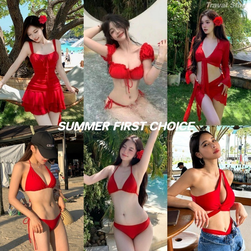 ชุดว่ายน้ําสําหรับผู้หญิงสีแดงเซ็กซี่บิกินี่ชุดว่ายน้ําสามชิ้นเดินทางสไตล์เกาหลีชายหาดแฟชั่นชุดบิกินี่ระดับไฮเอนด์