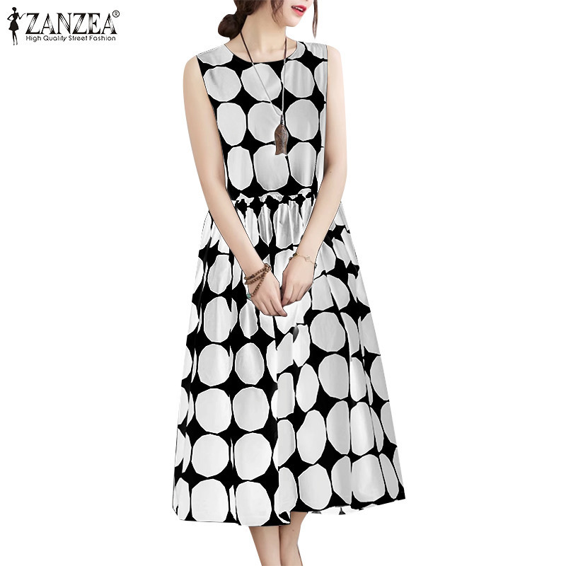 ZANZEA ซานเซีย ผู้หญิงแฟชั่นเกาหลีรอบคอจุดพิมพ์แขนกุดปุ่มชุด