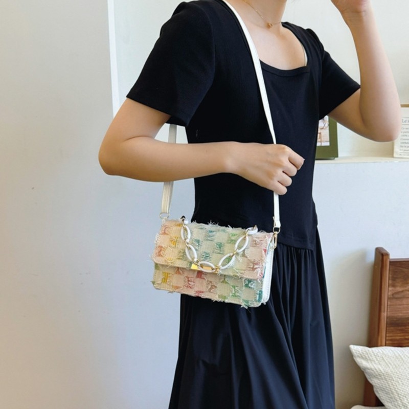 Sweetyvic Checkered กางเกงยีนส์ Flap กระเป๋าสะพายกระเป๋าถือโซ่ปรับสายรัด Denims Tassels กระเป๋าสะพายข้างสําหรับ