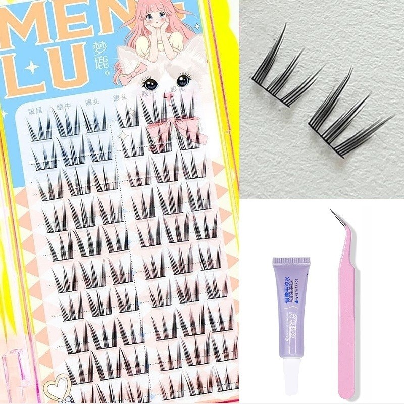 Menglu Cat Claw ขนตาปลอมจําลองธรรมชาติขนาดใหญ่ความจุ 10 แถว Segmented ขนตาปลอมพร้อมกาวและแหนบ