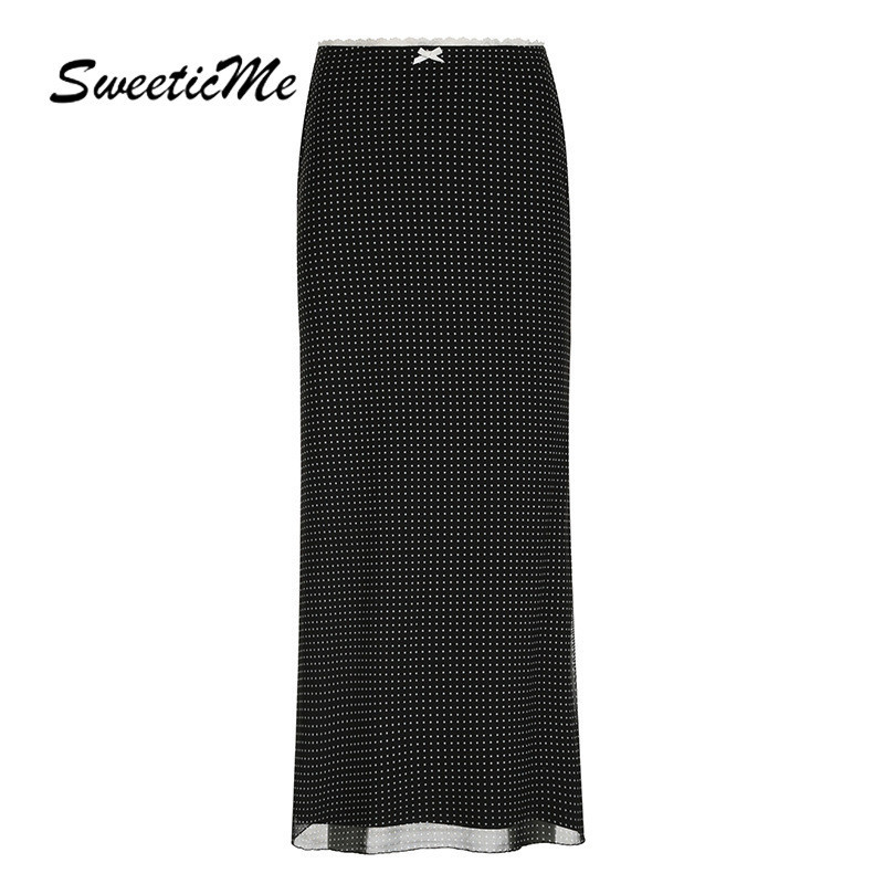 Sweeticme ของผู้หญิง 2024 แฟชั่นใหม่ขอบลูกไม้ลายจุดเอวกระโปรงตาข่ายทุกการแข่งขัน
