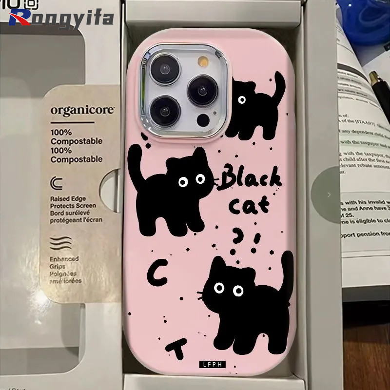 น่ารักแมวดําเคสโทรศัพท์สําหรับoppo Reno 12 Pro 11F 11 10 Pro 8Z 7Z 8 7 Lite 9 7 8 7 SE 6 5k 5 4 Pro 4 SE A1 A98 F23 R17 การ์ตูนคําถามMarkแมวนุ่ม เคสโทรศัพท์กันกระแทก
