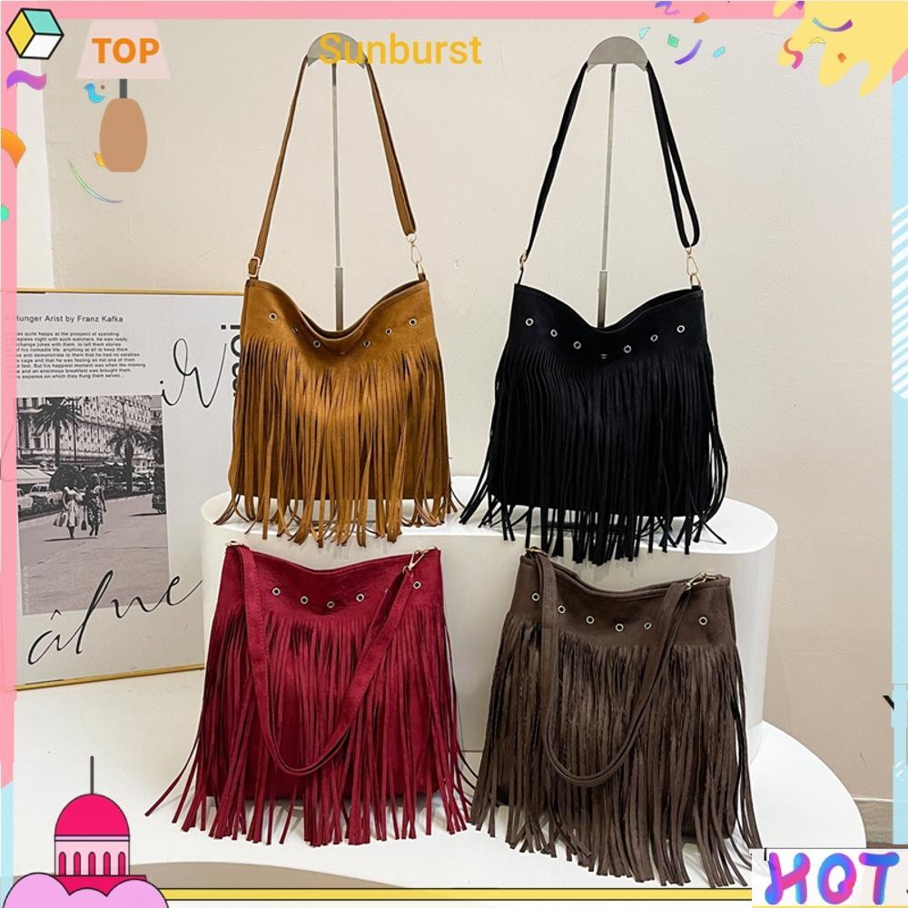 กระเป๋าสะพายพู่ผู้หญิง Suede Leather Fringe Satchel Bag กระเป๋าช้อปปิ้งหญิง [Sunburst11.th]
