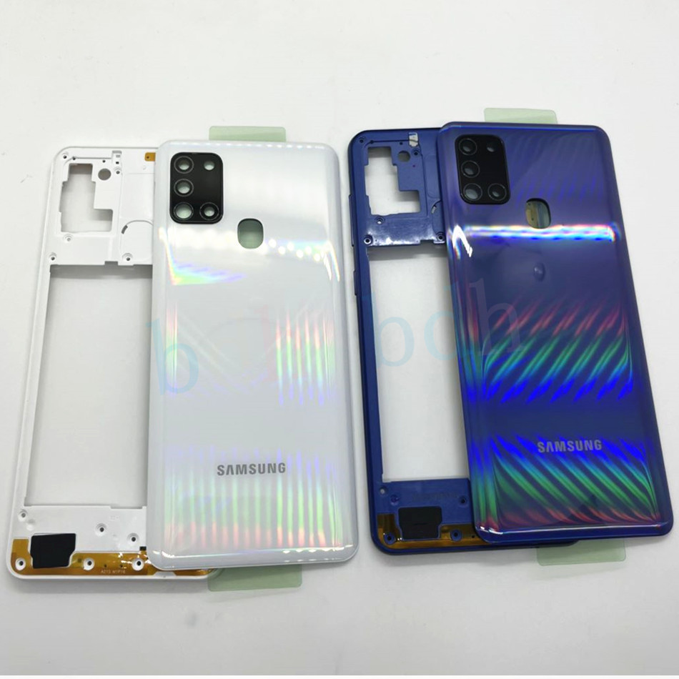 สําหรับ Samsung Galaxy A21S A217 A217F โทรศัพท์กรอบกลางแผ่น + ฝาหลังแบตเตอรี่ด้านหลังประตูกล้องเลนส์อะไหล่ซ่อม