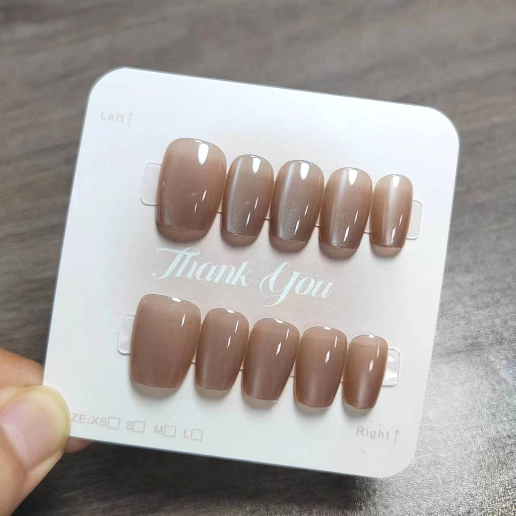 10pcs Cat Eye Handmade กดบนเล็บเล็บปลอมพร้อมสติกเกอร์กาว M090