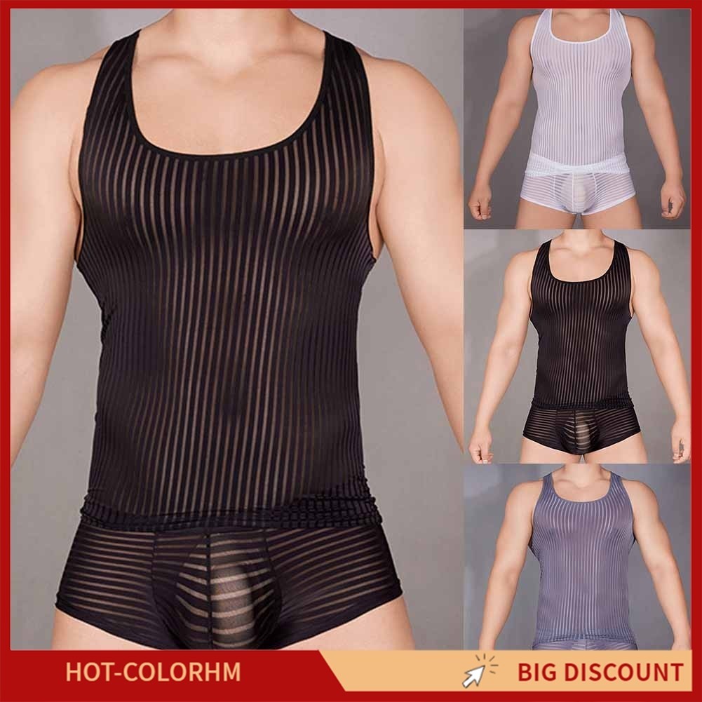 [COLORHM]Sexy Men Stretch Mesh Vest Boxer Lingerie Posing Fit Muscle Tank Top Comfort