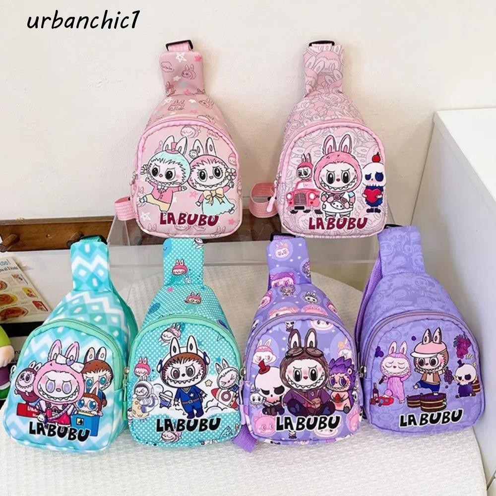 Urbanchic กระเป๋าคาดเอวลายการ์ตูน,ไนลอนน้ําหนักเบา Labubu กระเป๋าคาดหน้าอก,น่ารัก Breathable Cross Dressing Candy Color Kids กระเป๋าสะพายไหล่เด็กชาย