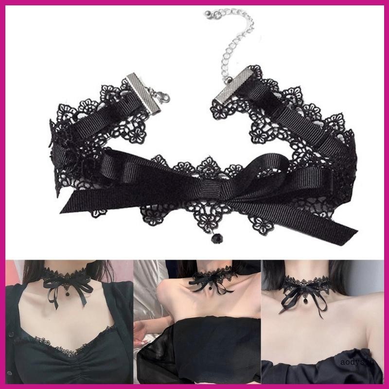 (ส่วนลดสูง)aodysin.th Black Lace Ribbon Collar Necklace Vintage Bowknot Choker Necklace Gothic Jewel