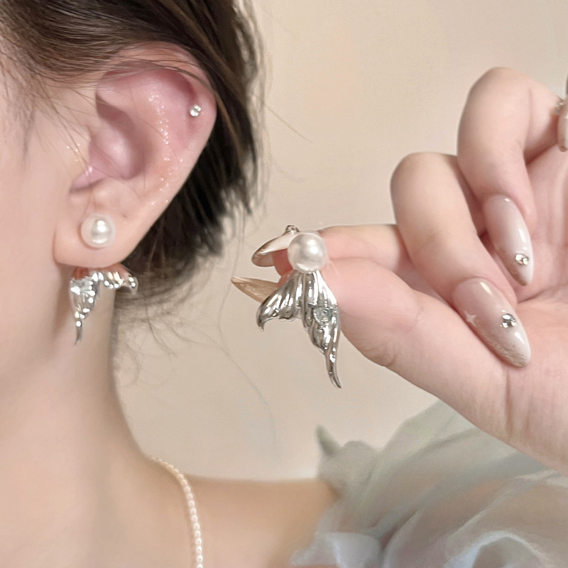 สวย Mermaid Fishtail S925 ต่างหูเงินต่างหูมุกหูผู้หญิงเครื่องประดับแฟชั่น