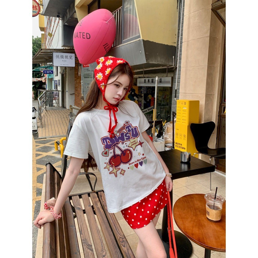 (จัดส่งตลอด 24 ชั่วโมง）Angle Officialเสื้อเชิ้ตน่ารักและสวยงามสไตล์เกาหลีสำหรับสาว พิมพ์เสื้อยืดแขนสั้นสำหรับผู้หญิง