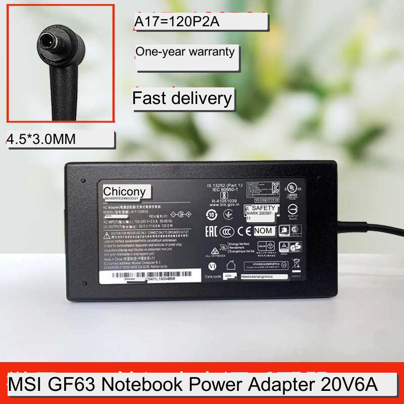 Chicony 20V 6A 120W AC Adapter Charger สําหรับ MSI GF63 บาง 10SC 10SC-005FR 11SC-693US 11UC-262