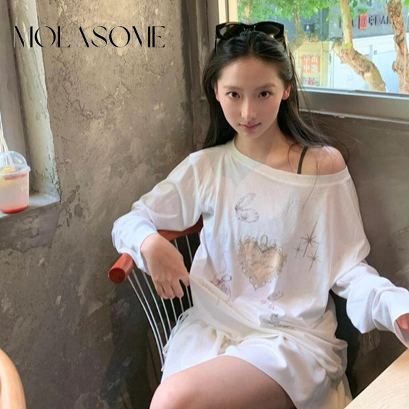 โมลาโซเมะ ผู้หญิงแฟชั่นสีคมชัดธรรมดาพิมพ์คอกลมแขนยาวลําลองทุกการแข่งขันเสื้อยืด