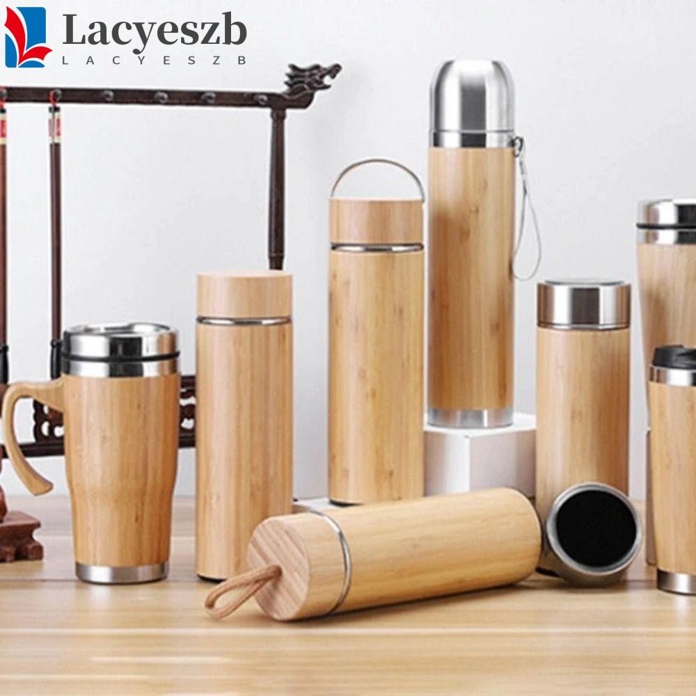 Lacyeszb แก้วเก็บความเย็น กระติกน้ําร้อน, ไม้ไผ่ 350/450ml ขวดน้ําฉนวน, ถ้วยกาแฟ 304 สแตนเลสสองชั้นฝาพลิกด้านในถ้วยเดินทางสํานักงาน