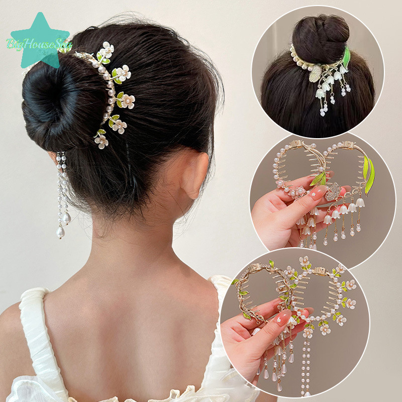 [BigHouseSea] Elegant Lily Of The Valley ดอกไม้เพิร์ล Rhinestone sel หางม้าหัวเข็มขัดผม Bun คลิปผม Pins ผู้หญิงอุปกรณ์เสริมผมใหม่