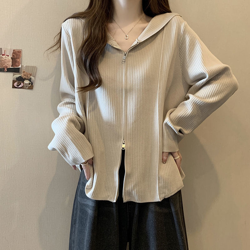 เสื้อสเวตเตอร์ถักมีฮู้ดซิปคู่ฤดูใบไม้ผลิฤดูใบไม้ร่วงบางสไตล์สไตล์ใหม่หลวมขนาดใหญ่ออกแบบ ซอก หมวก แขนยาว สูงสุด