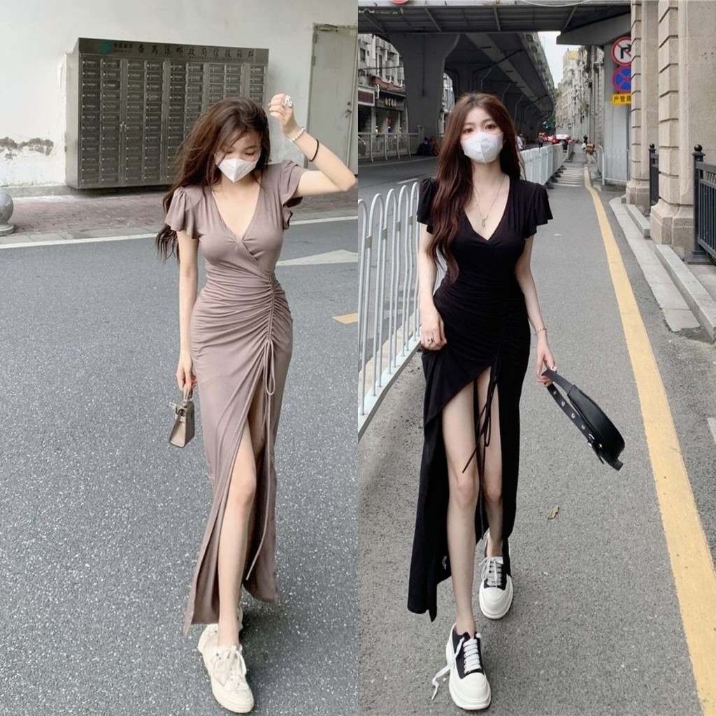 ชุดเดรสผู้หญิง Slim Drawstring Side Slit ใหม่คอวีแขนฟอง