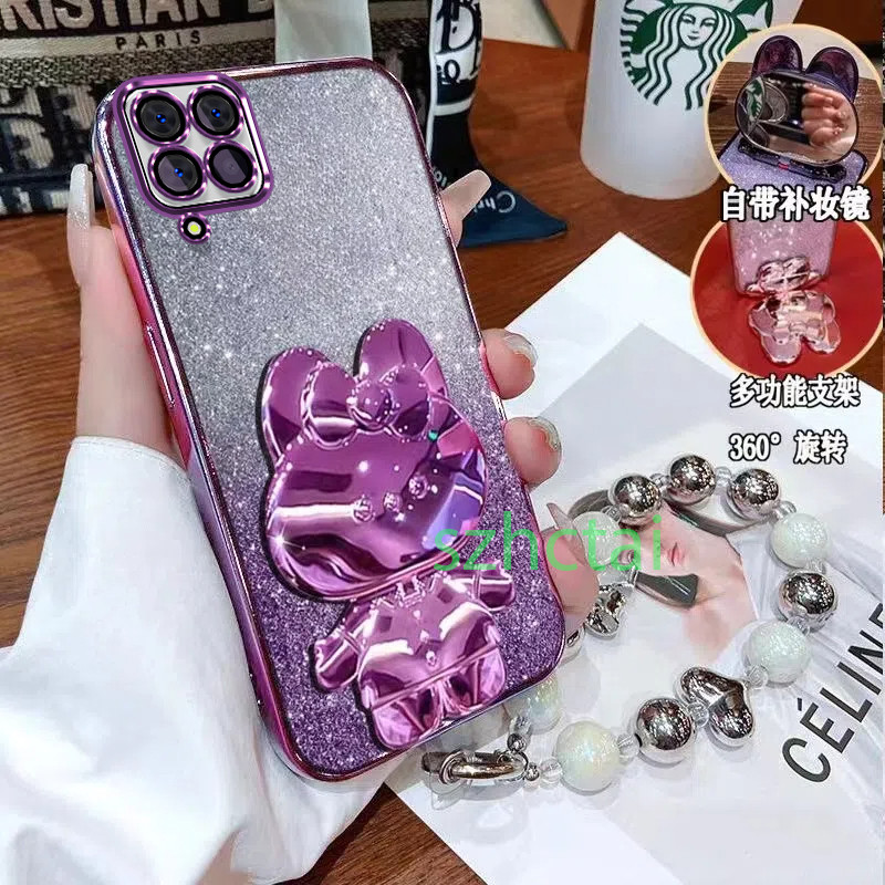 เคส Samsung A12 M12 A22 4G a22 5G M22 วงเล็บกระต่ายน่ารัก แวววาว ซิลิโคนใสเคสโทรศัพท์แบบนุ่มพร้อมสร้อยข้อมือเชือกแขวน เคสโทรศัพท์ Samsung A12 M12 A22 4G a22 5G M22