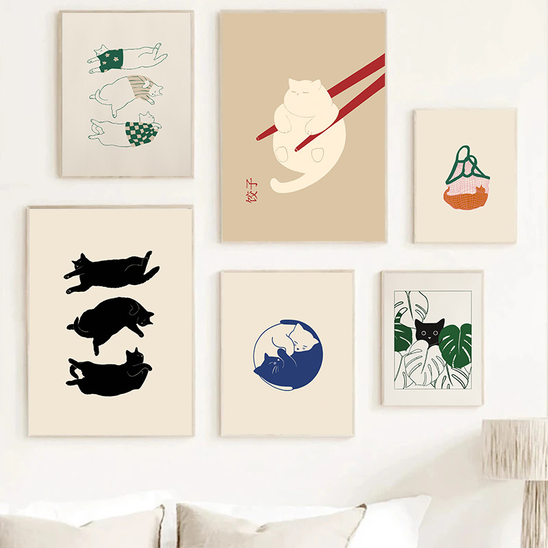 แมวตลก Dumpling Lazy Cat ภาพประกอบบทคัดย่อ Line โปสเตอร์ภาพวาดผ้าใบ Nodic Wall Art ภาพห้องน้ําตกแต่งบ้าน