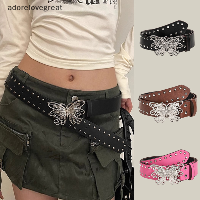 Alt Retro Punk สไตล์ Rivet เข็มขัดสําหรับสาวอินเทรนด์บุคลิกภาพผีเสื้อหัวเข็มขัดกว้างเข็มขัดแฟชั่นเข็มขัดกางเกงยีนส์ DRG