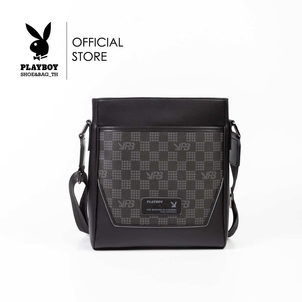 Playboy:Vincent  Men's bag กระเป๋าสะพายข้างผู้ชาย รุ่นST-B243PBM287-BK ดีไซน์กระเป๋าทรงแมสเซนเจอร์ ลายตารางโลโก้ สีดำ