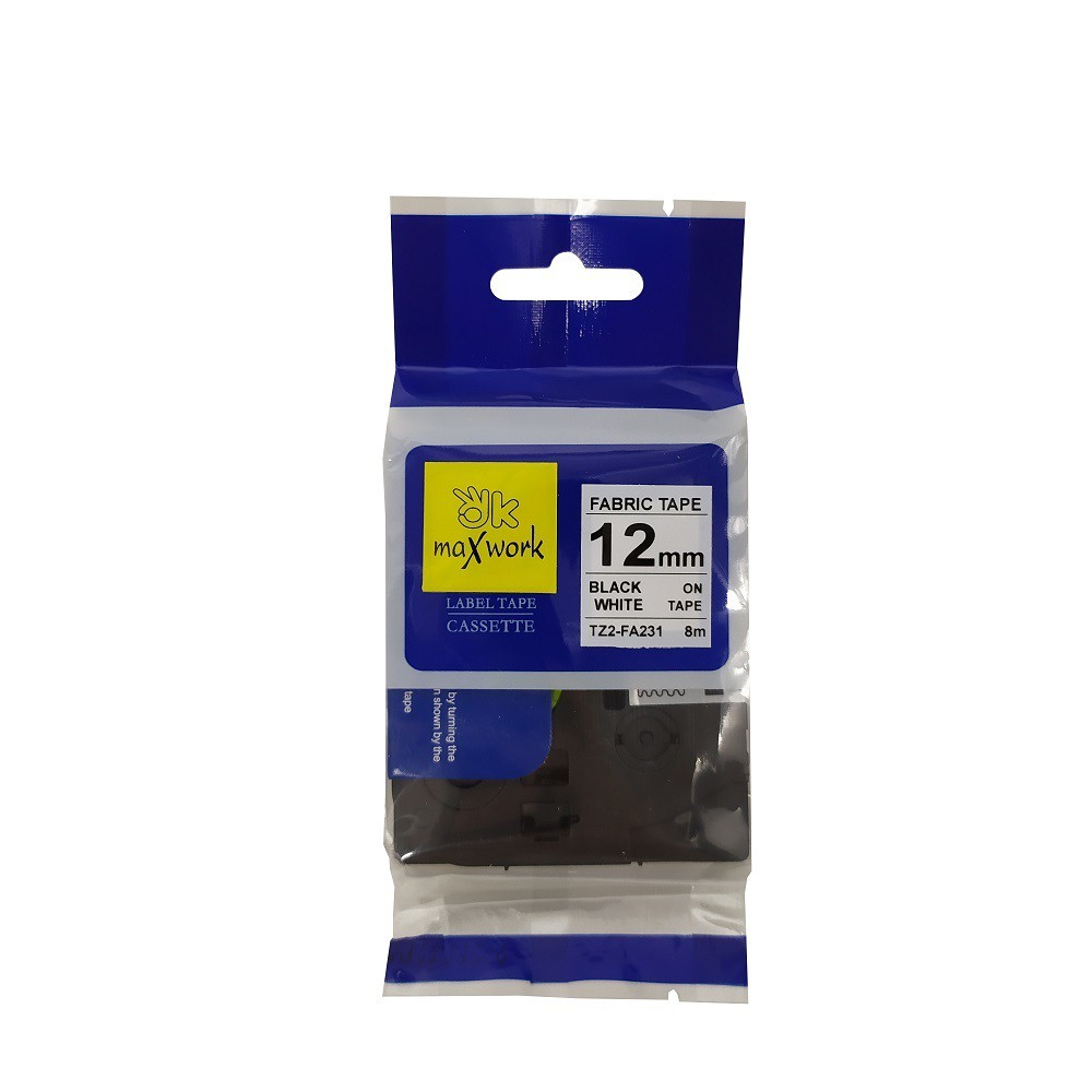 Fabric Tape Ok Maxwork TZ2-FA231 ขนาด 12 mm ยาว 3 เมตร พื้นสีขาว ตัวอักษรสีดำ