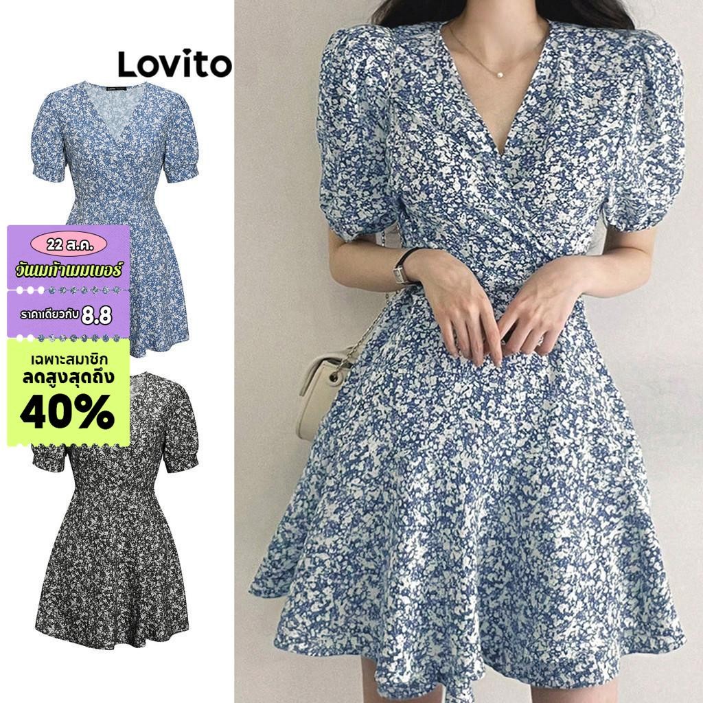 Lovito ชุดเดรสผู้หญิง แขนพัฟ ป้ายหน้า ลายดอกเดซี่ สไตล์โบโฮ L68ED193 (หลากสี)